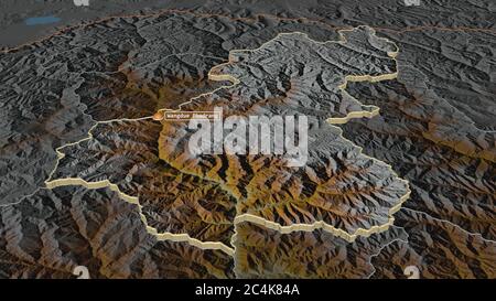 Zoom avant sur Wangduephodrang (district du Bhoutan) extrudé. Perspective oblique. Carte topographique des eaux de surface. Rendu 3D Banque D'Images