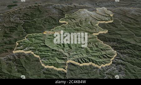 Zoom avant sur Wangduephodrang (district du Bhoutan) extrudé. Perspective oblique. Imagerie satellite. Rendu 3D Banque D'Images