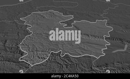 Zoom avant sur Targovishte (province de Bulgarie). Perspective oblique. Carte d'altitude à deux niveaux avec les eaux de surface. Rendu 3D Banque D'Images