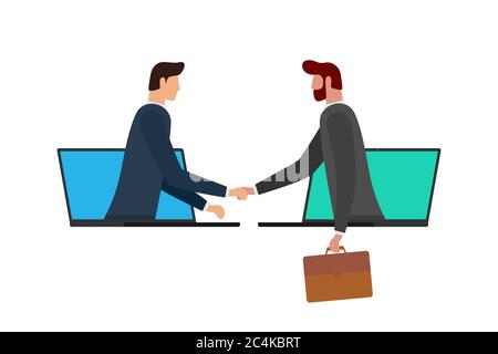 Deux hommes d'affaires font affaire sur la distance et se serrer la main sur les écrans d'ordinateur portable. Concept de conférence de communication d'accord d'affaires en ligne Web. Illustration du vecteur de coopération de poignée de main virtuelle Flat eps Illustration de Vecteur