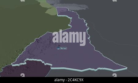 Zoom avant sur Extrême-Nord (région du Cameroun) extrudé. Perspective oblique. Carte colorée et bosselée de la division administrative avec les eaux de surface. Banque D'Images