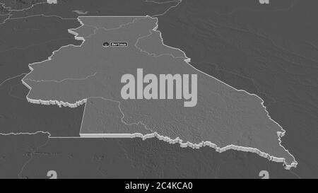 Zoom avant sur est (région du Cameroun) extrudé. Perspective oblique. Carte d'altitude à deux niveaux avec les eaux de surface. Rendu 3D Banque D'Images