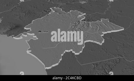 Zoom avant sur littoral (région du Cameroun) extrudé. Perspective oblique. Carte d'altitude à deux niveaux avec les eaux de surface. Rendu 3D Banque D'Images