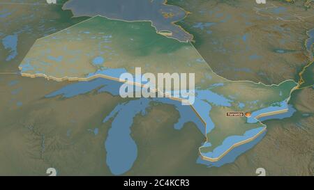 Zoom avant sur Ontario (province du Canada) extrudé. Perspective oblique. Carte topographique des eaux de surface. Rendu 3D Banque D'Images