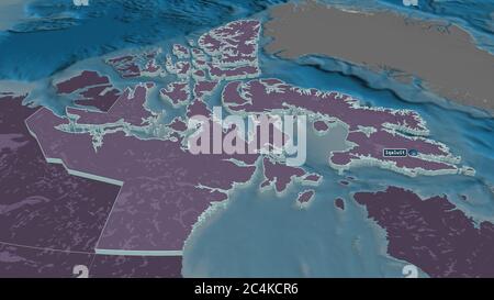 Zoom avant sur le Nunavut (territoire du Canada) extrudé. Perspective oblique. Carte colorée et bosselée de la division administrative avec les eaux de surface. 3D Banque D'Images