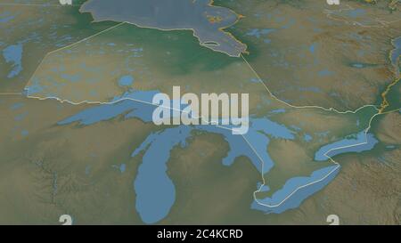 Zoom avant sur l'Ontario (province du Canada). Perspective oblique. Carte topographique des eaux de surface. Rendu 3D Banque D'Images