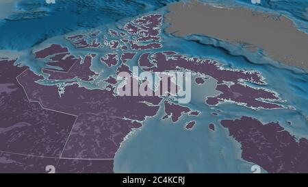 Zoom avant sur le Nunavut (territoire du Canada). Perspective oblique. Carte colorée et bosselée de la division administrative avec les eaux de surface. 3D Banque D'Images