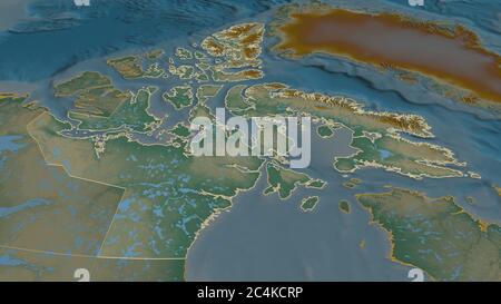 Zoom avant sur le Nunavut (territoire du Canada). Perspective oblique. Carte topographique des eaux de surface. Rendu 3D Banque D'Images