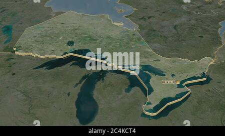 Zoom avant sur Ontario (province du Canada) extrudé. Perspective oblique. Imagerie satellite. Rendu 3D Banque D'Images