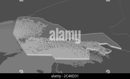 Zoom avant sur Lac (région de Tchad) extrudé. Perspective oblique. Carte d'altitude à deux niveaux avec les eaux de surface. Rendu 3D Banque D'Images