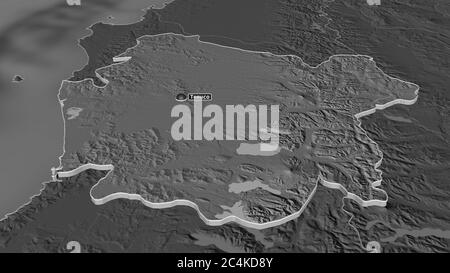 Zoom sur Araucanía (région du Chili) extrudé. Perspective oblique. Carte d'altitude à deux niveaux avec les eaux de surface. Rendu 3D Banque D'Images