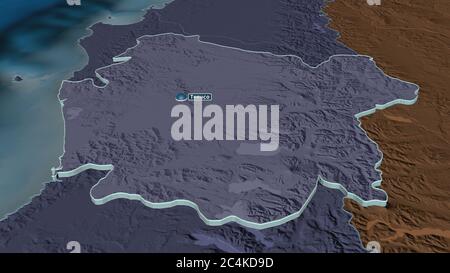 Zoom sur Araucanía (région du Chili) extrudé. Perspective oblique. Carte colorée et bosselée de la division administrative avec les eaux de surface. Réf. 3D Banque D'Images