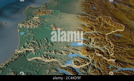 Zoom sur Araucanía (région du Chili) extrudé. Perspective oblique. Carte topographique des eaux de surface. Rendu 3D Banque D'Images