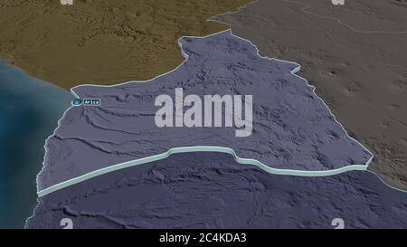 Zoom avant sur Arica y Parinacota (région du Chili) extrudé. Perspective oblique. Carte colorée et bosselée de la division administrative avec surface wate Banque D'Images