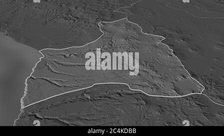 Zoom avant sur Arica y Parinacota (région du Chili). Perspective oblique. Carte d'altitude à deux niveaux avec les eaux de surface. Rendu 3D Banque D'Images