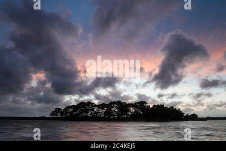 New Forest, Hampshire. 27 juin 2020. Météo Royaume-Uni. Les nuages de pluie se rassemblent au coucher du soleil sur Hatchet Pond près de Brockenhurst dans la Nouvelle forêt, après une journée de soleil et de douches. Credit Stuart Martin/Alay Live News Banque D'Images