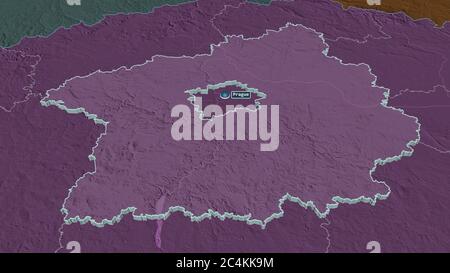 Zoom avant sur Středočeský (région de la République tchèque) extrudé. Perspective oblique. Carte colorée et bosselée de la division administrative avec surface wa Banque D'Images