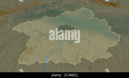 Zoom avant sur Středočeský (région de la République tchèque). Perspective oblique. Carte topographique des eaux de surface. Rendu 3D Banque D'Images