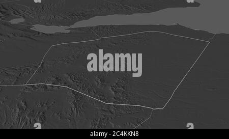 Zoom avant sur Ali Sabieh (région de Djibouti) décrit. Perspective oblique. Carte d'altitude à deux niveaux avec les eaux de surface. Rendu 3D Banque D'Images