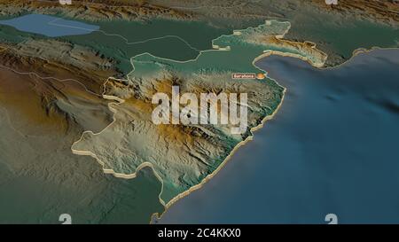 Zoom avant sur Barahona (province de la République Dominicaine) extrudé. Perspective oblique. Carte topographique des eaux de surface. Rendu 3D Banque D'Images