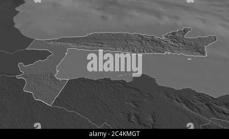 Zoom avant sur Samaná (province de la République Dominicaine) décrit. Perspective oblique. Carte d'altitude à deux niveaux avec les eaux de surface. Rendu 3D Banque D'Images