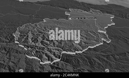 Zoom sur Santiago (province de la République Dominicaine) extrudé. Perspective oblique. Carte d'altitude à deux niveaux avec les eaux de surface. Rendu 3D Banque D'Images