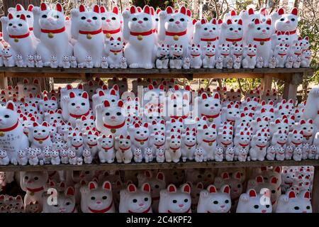 Gros plan sur le maneki-neko ou « statues de chats qui invitent à la chance » au temple bouddhiste Gotokuji. Setagaya, Tokyo, japon. Banque D'Images