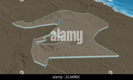 Zoom avant sur Qina (gouvernorat d'Égypte) extrudé. Perspective oblique. Carte colorée et bosselée de la division administrative avec les eaux de surface. Réf. 3D Banque D'Images