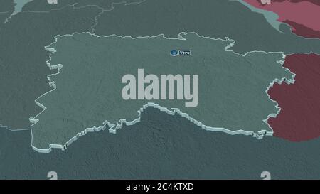 Zoom avant sur Võru (comté d'Estonie) extrudé. Perspective oblique. Carte colorée et bosselée de la division administrative avec les eaux de surface. 3D rende Banque D'Images