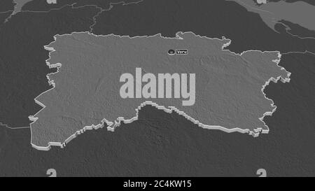 Zoom avant sur Võru (comté d'Estonie) extrudé. Perspective oblique. Carte d'altitude à deux niveaux avec les eaux de surface. Rendu 3D Banque D'Images