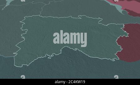 Zoom avant sur Võru (comté d'Estonie). Perspective oblique. Carte colorée et bosselée de la division administrative avec les eaux de surface. 3D rende Banque D'Images