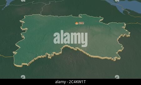 Zoom avant sur Võru (comté d'Estonie) extrudé. Perspective oblique. Carte topographique des eaux de surface. Rendu 3D Banque D'Images