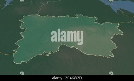 Zoom avant sur Võru (comté d'Estonie). Perspective oblique. Carte topographique des eaux de surface. Rendu 3D Banque D'Images