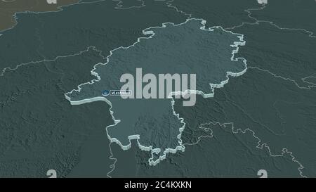 Zoom avant sur Hessen (État de l'Allemagne) extrudé. Perspective oblique. Carte colorée et bosselée de la division administrative avec les eaux de surface. 3D rend Banque D'Images