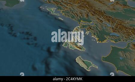 Zoom sur les îles Ioniennes (administration décentralisée de la Grèce). Perspective oblique. Carte topographique des eaux de surface. 3D rende Banque D'Images