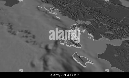 Zoom sur les îles Ioniennes (administration décentralisée de la Grèce) extrudées. Perspective oblique. Carte d'altitude à deux niveaux avec les eaux de surface. Rendu 3D Banque D'Images