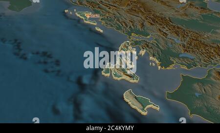 Zoom sur les îles Ioniennes (administration décentralisée de la Grèce) extrudées. Perspective oblique. Carte topographique des eaux de surface. 3D rende Banque D'Images