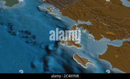 Zoom sur les îles Ioniennes (administration décentralisée de la Grèce) extrudées. Perspective oblique. Carte colorée et bosselée de la division administrative Banque D'Images