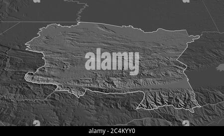 Zoom avant sur Alta Verapaz (département du Guatemala). Perspective oblique. Carte d'altitude à deux niveaux avec les eaux de surface. Rendu 3D Banque D'Images