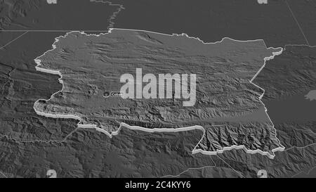 Zoom avant sur Alta Verapaz (département du Guatemala) extrudé. Perspective oblique. Carte d'altitude à deux niveaux avec les eaux de surface. Rendu 3D Banque D'Images