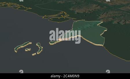 Zoom sur Conakry (région de Guinée) extrudé. Perspective oblique. Carte topographique des eaux de surface. Rendu 3D Banque D'Images