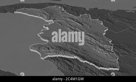 Zoom avant sur l'Artibonite (département d'Haïti) extrudé. Perspective oblique. Carte d'altitude à deux niveaux avec les eaux de surface. Rendu 3D Banque D'Images