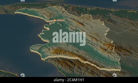 Zoom avant sur l'Artibonite (département d'Haïti) extrudé. Perspective oblique. Carte topographique des eaux de surface. Rendu 3D Banque D'Images