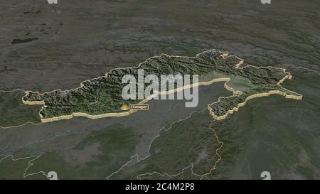 Zoom avant sur Arunachal Pradesh (état de l'Inde) extrudé. Perspective oblique. Imagerie satellite. Rendu 3D Banque D'Images