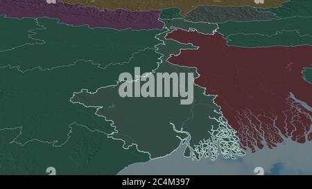 Zoom avant sur le Bengale-Occidental (état de l'Inde) décrit. Perspective oblique. Carte colorée et bosselée de la division administrative avec les eaux de surface. 3D r Banque D'Images