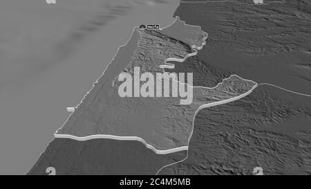 Zoom avant sur Haïfa (district d'Israël) extrudé. Perspective oblique. Carte d'altitude à deux niveaux avec les eaux de surface. Rendu 3D Banque D'Images