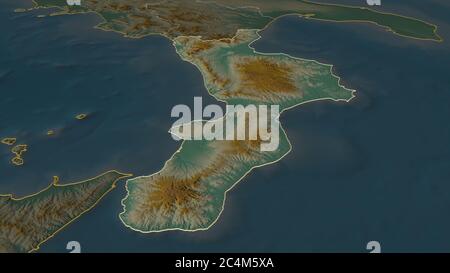 Effectuez un zoom sur Calabre (région de l'Italie). Perspective oblique. Carte topographique des eaux de surface. Rendu 3D Banque D'Images