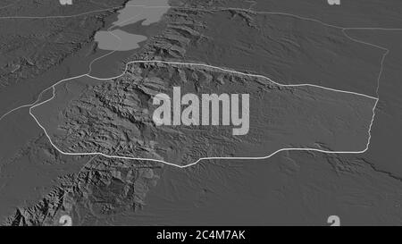 Zoom avant sur le tracé de Tafilah (province de Jordanie). Perspective oblique. Carte d'altitude à deux niveaux avec les eaux de surface. Rendu 3D Banque D'Images