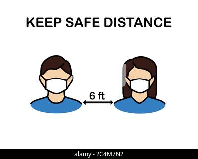 Homme et femme portant un masque facial lors de la rencontre avec des virus pathogènes.Nouveau vecteur normal.icône de distance sociale.garder une distance de sécurité de 6 pieds dans la société publique Illustration de Vecteur