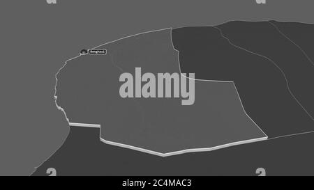 Zoom sur Benghazi (district de Libye) extrudé. Perspective oblique. Carte d'altitude à deux niveaux avec les eaux de surface. Rendu 3D Banque D'Images